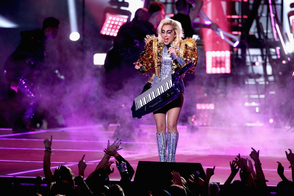 Lady Gaga Super Bowl Look - Leotard with a gold jacket